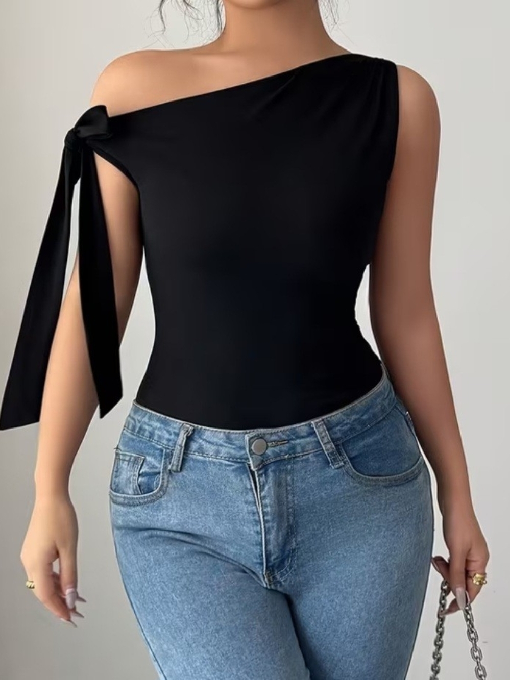 Women's One-Shoulder Tie-Shoulder Top - Black